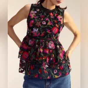 NWT $325 Cynthia Rowley Black Dress with Colorful Floral Embroidery